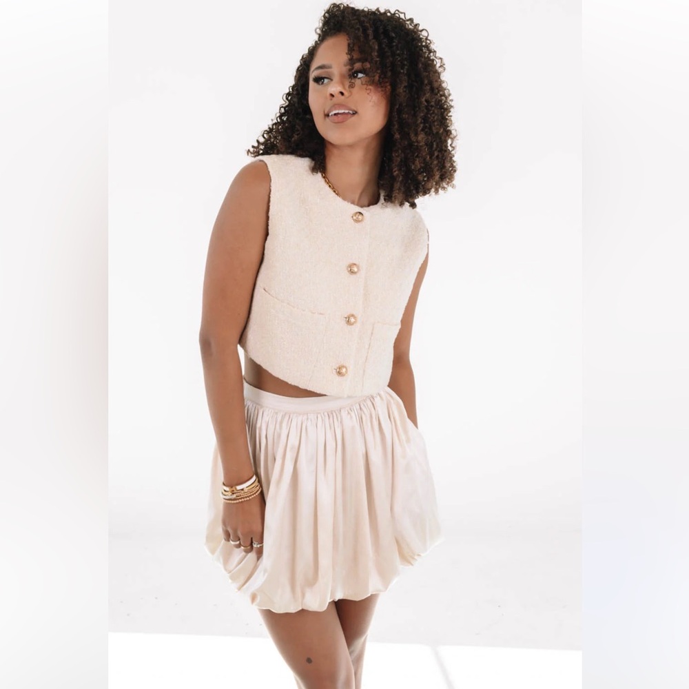 Impeccable Pig Mable Cream Ivory Satin Party Bubble Mini Skirt NWT